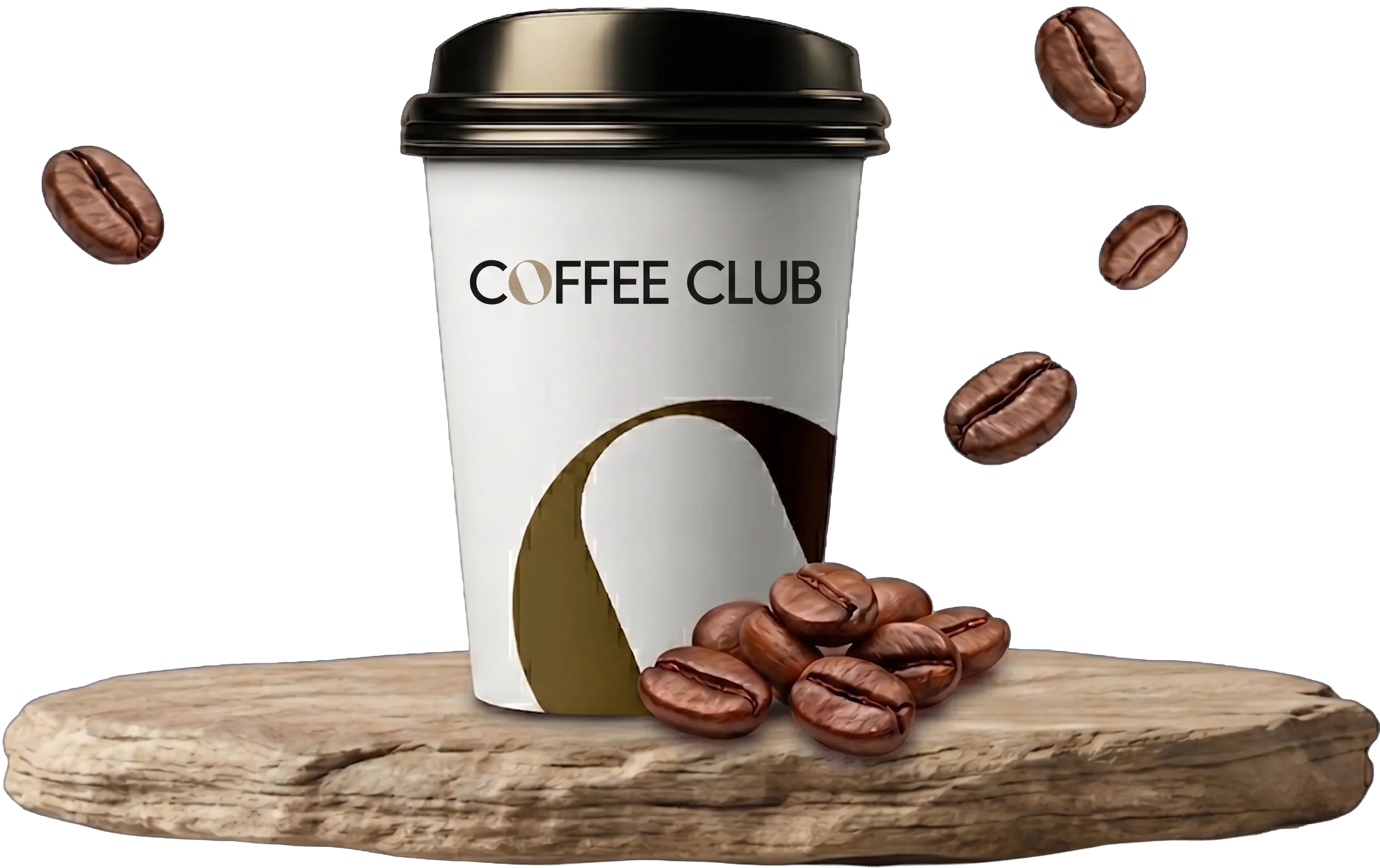 Taş üzerinde Coffee Club bardağı ve kahve çekirdekleri